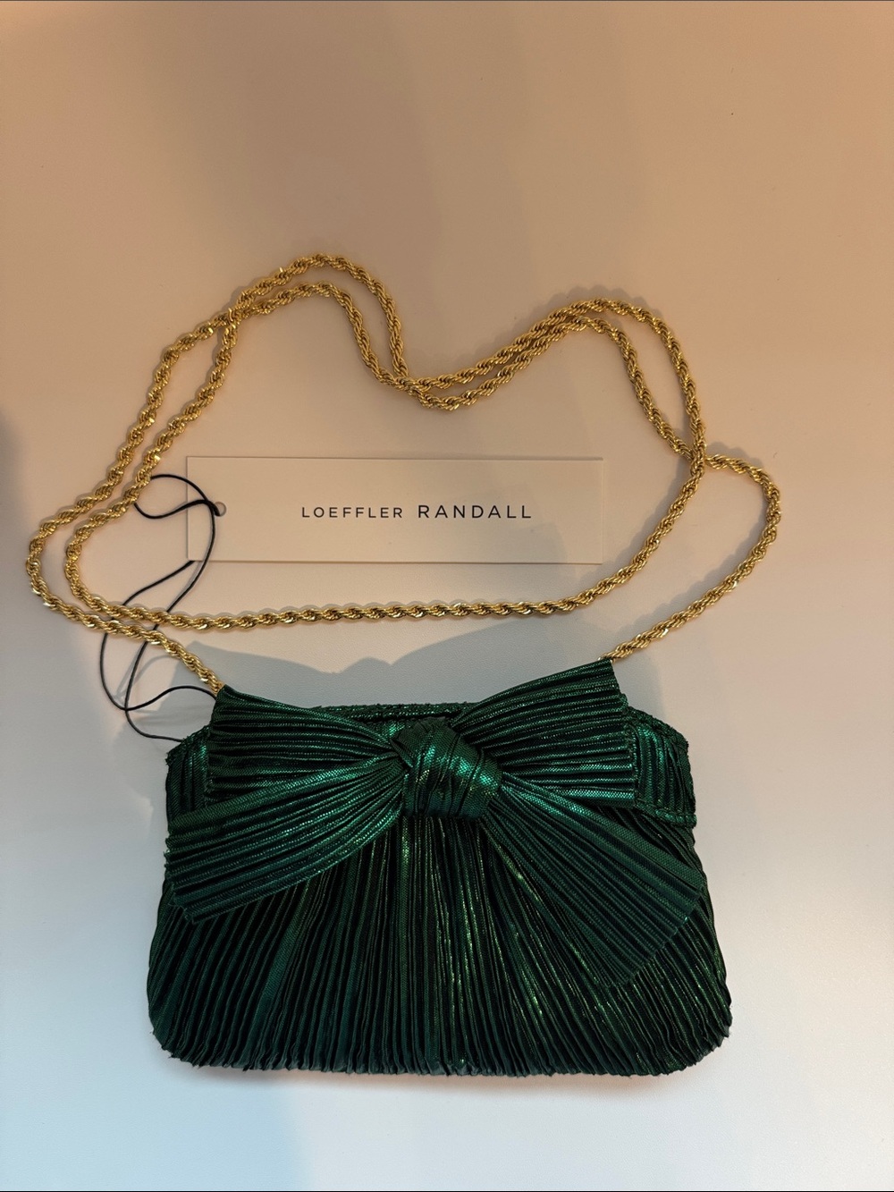 NWT Loeffler Randall Metallic Emerald Rochelle Mini Bow Clutch with Gold Chain